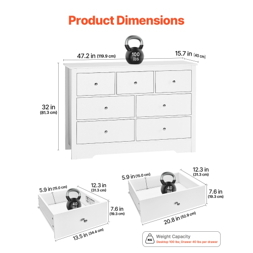 Commode à 7 tiroirs VEVOR, commode en bois à tiroirs coulissants avec dispositif antibasculement, commode minimaliste moderne, range-tout pour le