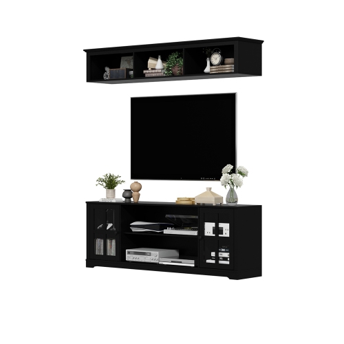 Famapy Modern Black TV Cabinet with Integrated TV Mount – Accommodates TVs up to 65” with Tempered Glass Doors & Spacious Storage