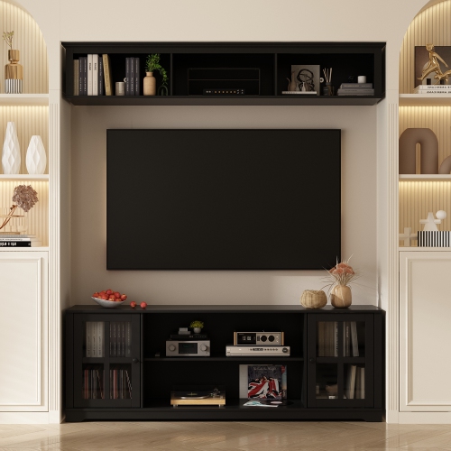 Famapy Modern Black TV Cabinet with Integrated TV Mount – Accommodates TVs up to 65” with Tempered Glass Doors & Spacious Storage