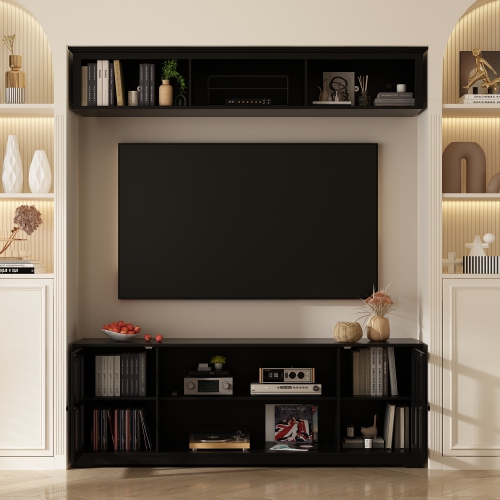 Famapy Modern Black TV Cabinet with Integrated TV Mount – Accommodates TVs up to 65” with Tempered Glass Doors & Spacious Storage