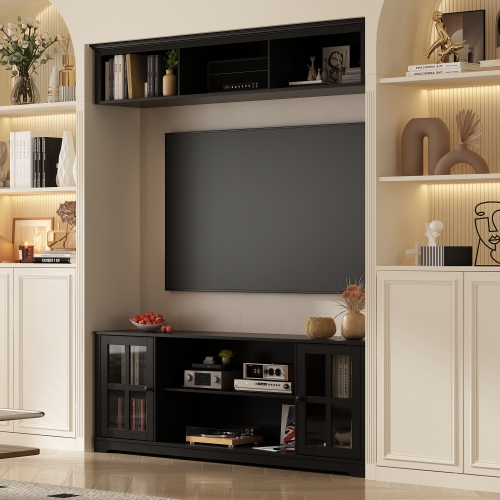 Famapy Modern Black TV Cabinet with Integrated TV Mount – Accommodates TVs up to 65” with Tempered Glass Doors & Spacious Storage