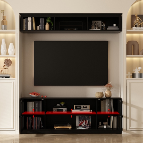 Famapy Modern Black TV Cabinet with Integrated TV Mount – Accommodates TVs up to 65” with Tempered Glass Doors & Spacious Storage