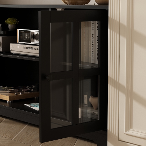 Famapy Modern Black TV Cabinet with Integrated TV Mount – Accommodates TVs up to 65” with Tempered Glass Doors & Spacious Storage
