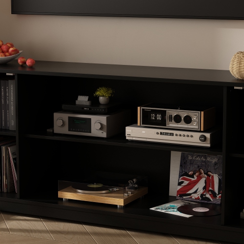 Famapy Modern Black TV Cabinet with Integrated TV Mount – Accommodates TVs up to 65” with Tempered Glass Doors & Spacious Storage
