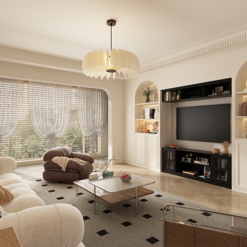 Famapy Modern Black TV Cabinet with Integrated TV Mount – Accommodates TVs up to 65” with Tempered Glass Doors & Spacious Storage