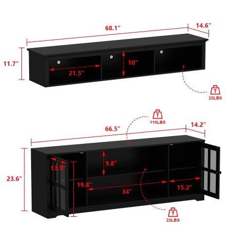 Famapy Modern Black TV Cabinet with Integrated TV Mount – Accommodates TVs up to 65” with Tempered Glass Doors & Spacious Storage
