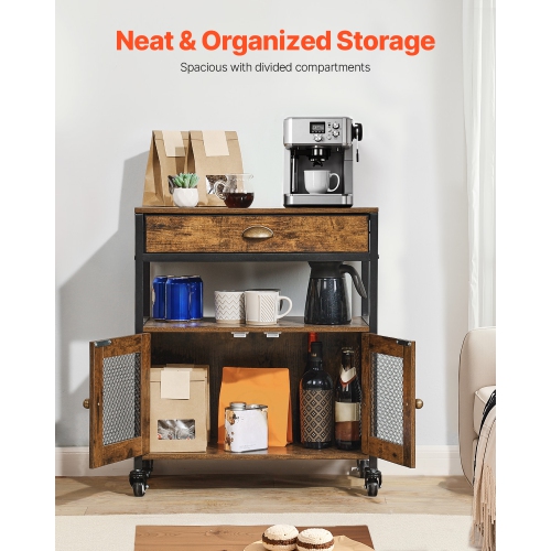 VEVOR 24.1 x 14.2 x 27.8 in Coffee Bar Cabinet, Farmhouse Coffee Bar Cabinet with 4-Tier Storage, Movable Coffee Bar Table with Wheels & Mesh Door,