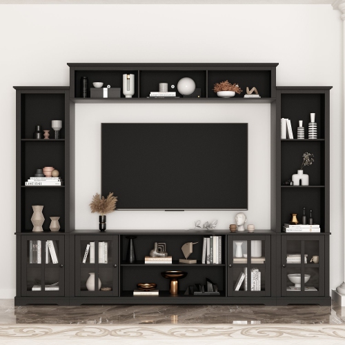 Famapy Modern TV Cabinet with Integrated TV Mount – Accommodates TVs up to 65”, LED Lighting, Tempered Glass Doors & Ample Storage,,Black