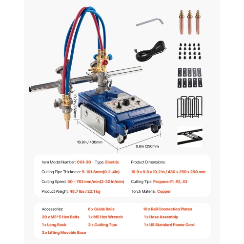 VEVOR CG1-30 Track Torch Burner,2"-30"/Min Straight Line Gas Cutting Machine for 0.2"-4" Thick Pipe, with 12-inch Track & 3 Tips,Automatic Flame