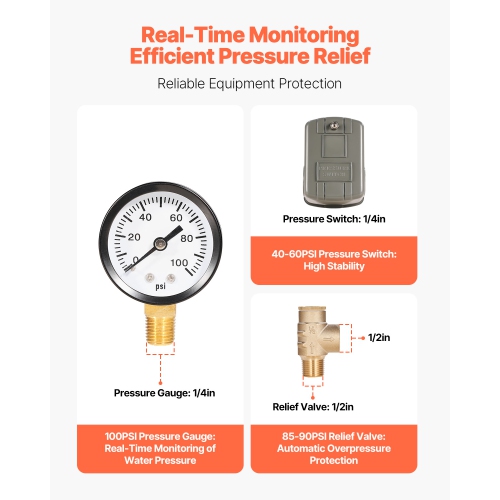 VEVOR 1" x 11" Well Pressure Tank Tee Kit, with 40/60PSI Switch, 7-Pieces Pure Brass Pressure Tank Installation Kit for Water Well, Fit Most Tanks
