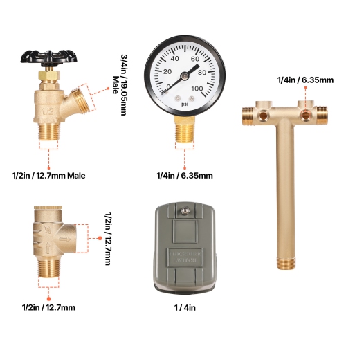 VEVOR 1" x 11" Well Pressure Tank Tee Kit, with 40/60PSI Switch, 7-Pieces Pure Brass Pressure Tank Installation Kit for Water Well, Fit Most Tanks