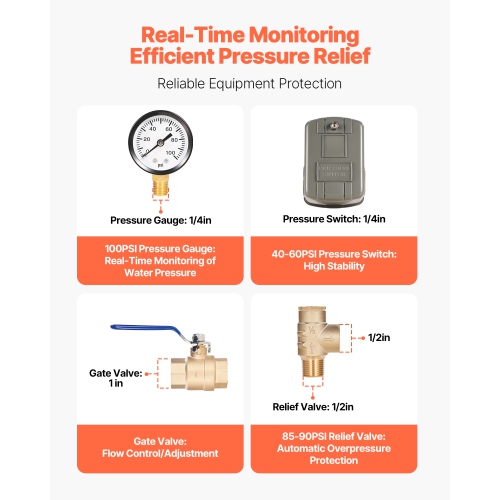 VEVOR 1" x 11" Well Pressure Tank Tee Kit, with 40/60PSI Switch, 8-Pieces Pure Brass Pressure Tank Installation Kit, 1 in Gate Valve Included, Fit