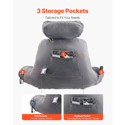 VEVOR 3 Pockets Reading Pillow, Large Bed Pillow with Removable Headrest, Back Pillow, Shredded Memory Foam and Washable Short Velvet Cloth, Side