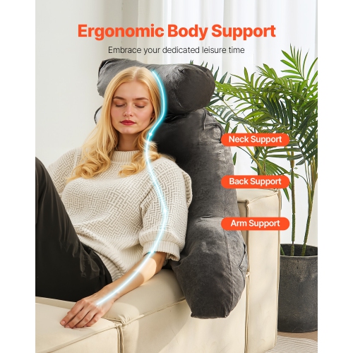 VEVOR 3 Pockets Reading Pillow, Large Bed Pillow with Removable Headrest, Back Pillow, Shredded Memory Foam and Washable Short Velvet Cloth, Side