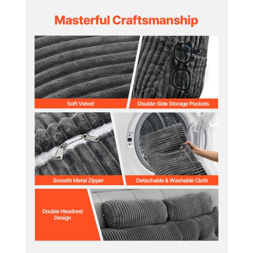 VEVOR Queen Size Headboard Pillow, Wedge Headboard Pillow with 2 Side Pockets and 2 Headrests, Bed Wedge Pillow with Washable Flannel Cloth, for