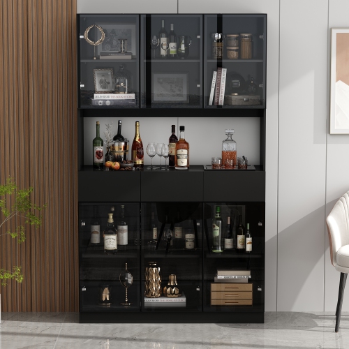 Famapy Contemporary Black Steel Pantry with Wine Storage – Multi-Layer Design, Glass Doors, USB Lighting & Adjustable Shelves,,Black