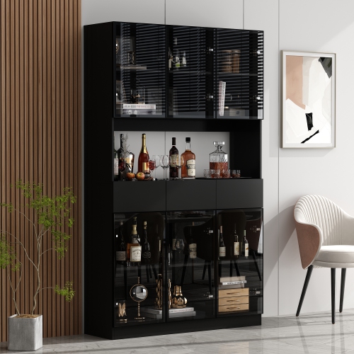 Famapy Contemporary Black Steel Pantry with Wine Storage – Multi-Layer Design, Glass Doors, USB Lighting & Adjustable Shelves,,Black