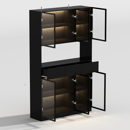 Famapy Contemporary Black Steel Pantry with Wine Storage – Multi-Layer Design, Glass Doors, USB Lighting & Adjustable Shelves,,Black