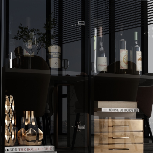 Famapy Contemporary Black Steel Pantry with Wine Storage – Multi-Layer Design, Glass Doors, USB Lighting & Adjustable Shelves,,Black