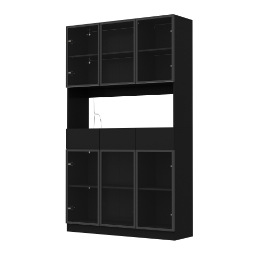 Famapy Contemporary Black Steel Bookcase with Adjustable Shelves – Multi-Layer Design, Glass Doors, USB Lighting & Stylish Storage, Black