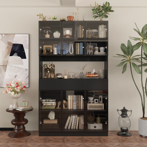 Famapy Contemporary Black Steel Bookcase with Adjustable Shelves – Multi-Layer Design, Glass Doors, USB Lighting & Stylish Storage, Black