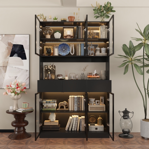 Famapy Contemporary Black Steel Bookcase with Adjustable Shelves – Multi-Layer Design, Glass Doors, USB Lighting & Stylish Storage, Black