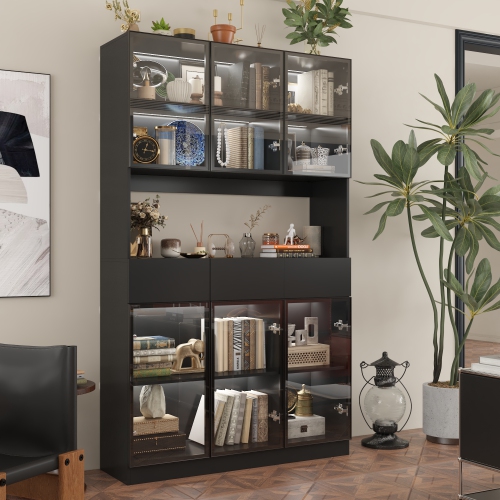 Famapy Contemporary Black Steel Bookcase with Adjustable Shelves – Multi-Layer Design, Glass Doors, USB Lighting & Stylish Storage, Black