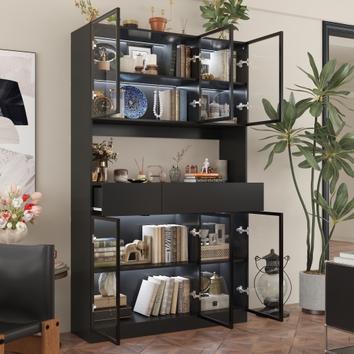 Famapy Contemporary Black Steel Bookcase with Adjustable Shelves – Multi-Layer Design, Glass Doors, USB Lighting & Stylish Storage, Black