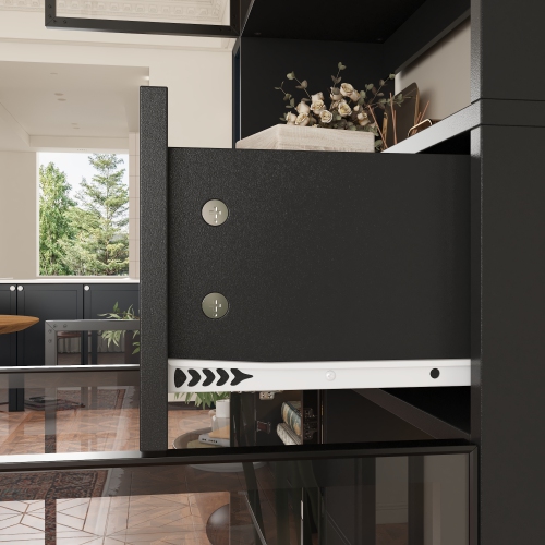 Famapy Contemporary Black Steel Bookcase with Adjustable Shelves – Multi-Layer Design, Glass Doors, USB Lighting & Stylish Storage, Black