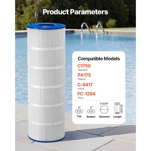 VEVOR 175 Sq. Ft Pool Filter Cartridge, Spa Hot Tub Filter Cartridge Replacement, Compatible with Pleatco PA175, Hayward C1750, Secure for Kids &