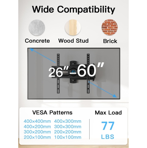 Full Motion TV Wall Mount for 26-60 inch Flat & Curved TVs, Height Adjustable Corner Wall Mount Bracket with Articulating Arm, Swivel Extension Tilt,