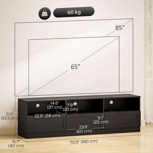 HOMCOM TV Stand with Storage, Modern TV Table with 3 Cabinets and 3 Open Shelves for 65-85 Inch Television, Entertainment Center with Cable