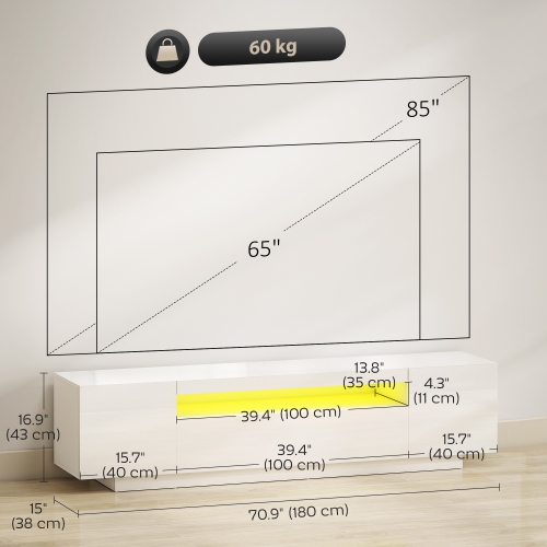 HOMCOM TV Stand with RGB LED Lights, Modern TV Table with 3 Cabinets & Open Shelf for 65-85 Inch Television, Entertainment Center with Cable Hole for