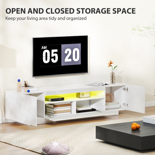 HOMCOM TV Stand with RGB LED Lights, Modern TV Table with 3 Cabinets & Open Shelf for 65-85 Inch Television, Entertainment Center with Cable Hole for