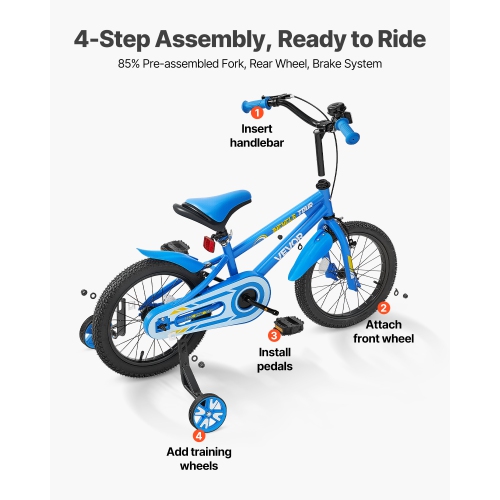 VEVOR 16 Inches Kids Bike, BMX Style Children Bicycle, Rider Height 3.28 ft - 4.27 ft, Training Wheels Included, Sturdy and Easy to Assemble, Toddler