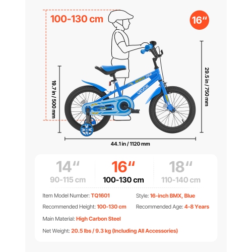 VEVOR 16 Inches Kids Bike, BMX Style Children Bicycle, Rider Height 3.28 ft - 4.27 ft, Training Wheels Included, Sturdy and Easy to Assemble, Toddler