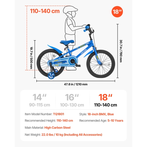 VEVOR 18 Inches Kids Bike, BMX Style Children Bicycle, Rider Height 3.61 ft - 4.59 ft, Training Wheels Included, Sturdy and Easy to Assemble, Toddler