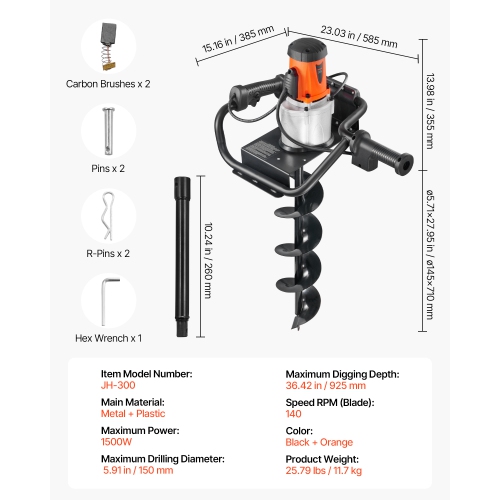 VEVOR 140 RPM Electric Post Hole Digger, 5.71 in Auger Bit with 1500W Powerful Motor, Alloy Steel Earth Auger Drill Bit with 10.24 in Extension Rod,