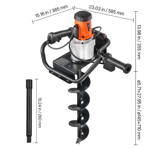 VEVOR 140 RPM Electric Post Hole Digger, 5.71 in Auger Bit with 1500W Powerful Motor, Alloy Steel Earth Auger Drill Bit with 10.24 in Extension Rod,