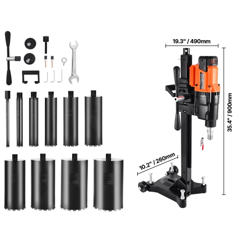 Perceuse à noyau diamanté VEVOR 2500&nbsp;W, diamètre de perçage de 0.8-10&nbsp;po, support de perceuse à noyau en béton sec et humide avec 10 bits,