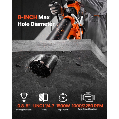 VEVOR 1800W Diamond Core Drilling Machine, 8 in Drilling Diameter, 2-in-1 Handheld & Stand-Mount Dry and Wet Concrete Core Drill Rig with 4 Drill
