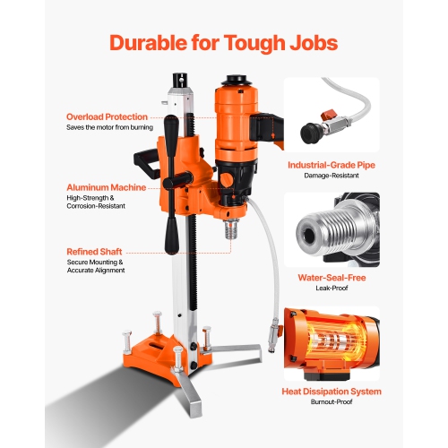 VEVOR 1800W Diamond Core Drilling Machine, 8 in Drilling Diameter, 2-in-1 Handheld & Stand-Mount Dry and Wet Concrete Core Drill Rig with 4 Drill