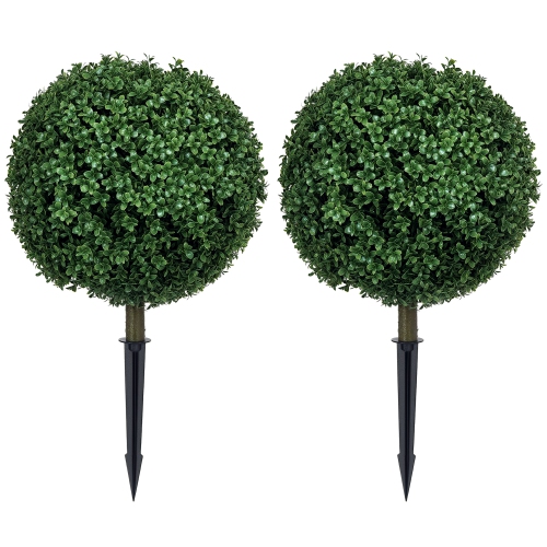 HOMCOM Set of 2 Artificial Boxwood Topiary Ball Bush with Integrated Ground Stake, Indoor Outdoor UV Resistant Faux Greenery, Faux Plants for Garden,
