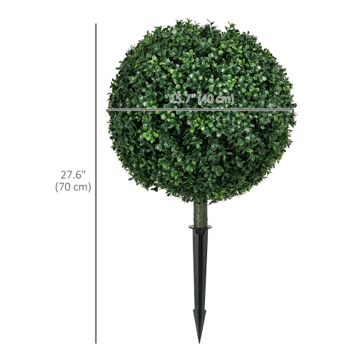 HOMCOM Set of 2 Artificial Boxwood Topiary Ball Bush with Integrated Ground Stake, Indoor Outdoor UV Resistant Faux Greenery, Faux Plants for Garden,