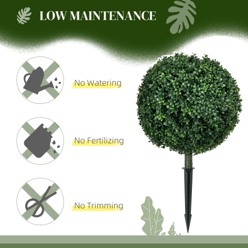 HOMCOM Set of 2 Artificial Boxwood Topiary Ball Bush with Integrated Ground Stake, Indoor Outdoor UV Resistant Faux Greenery, Faux Plants for Garden,