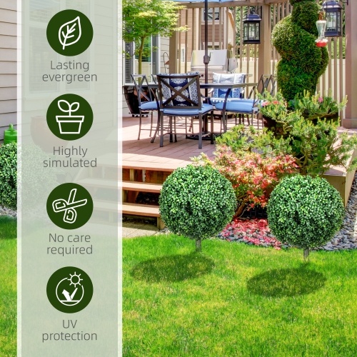 HOMCOM Set of 2 Artificial Boxwood Topiary Ball Bush with Integrated Ground Stake, Indoor Outdoor UV Resistant Faux Greenery, Faux Plants for Garden,