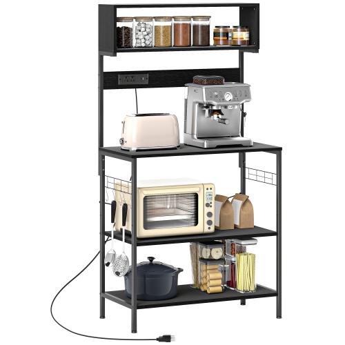 Support de cuisine de HOMCOM avec prise de courant, chargeur USB, support pour micro-ondes, bar à café avec tablettes réglables, 5 crochets pour