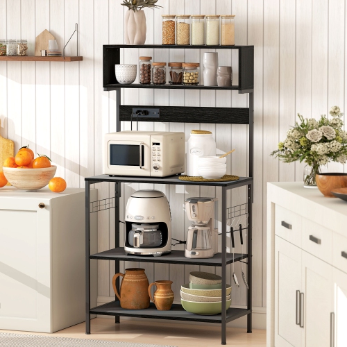 Support de cuisine de HOMCOM avec prise de courant, chargeur USB, support pour micro-ondes, bar à café avec tablettes réglables, 5 crochets pour