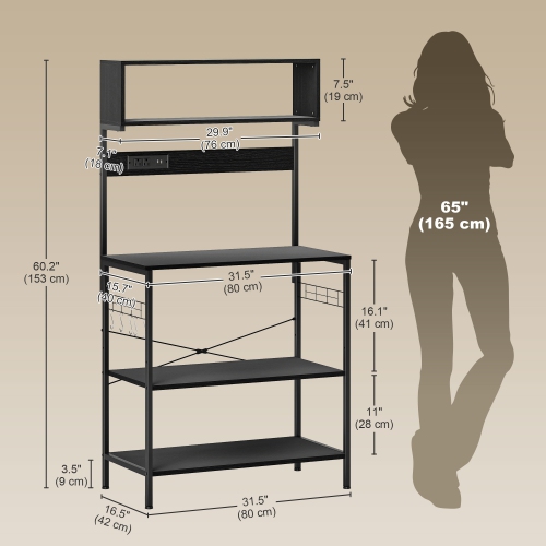 Support de cuisine de HOMCOM avec prise de courant, chargeur USB, support pour micro-ondes, bar à café avec tablettes réglables, 5 crochets pour