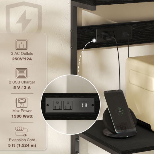 Support de cuisine de HOMCOM avec prise de courant, chargeur USB, support pour micro-ondes, bar à café avec tablettes réglables, 5 crochets pour